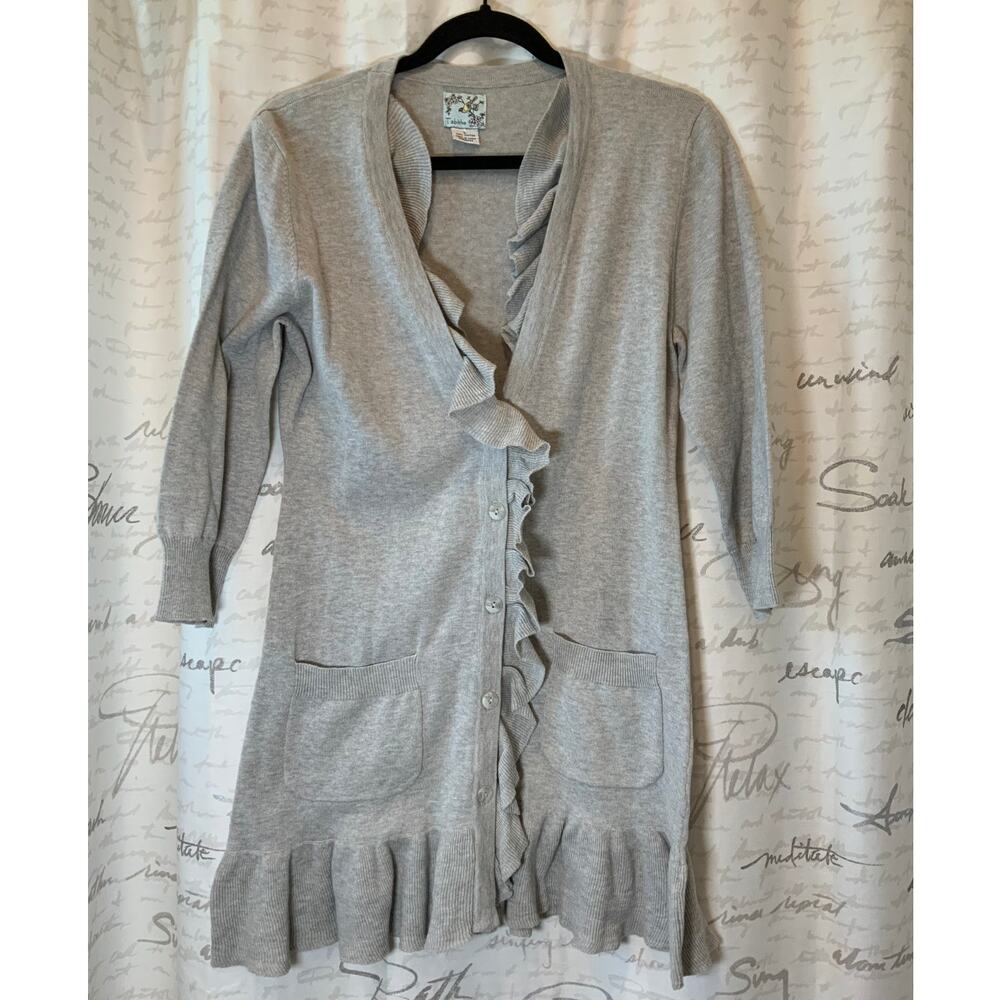 Tabitha Anthropologie Grey Ruffle Trim Cotton Cardigan L